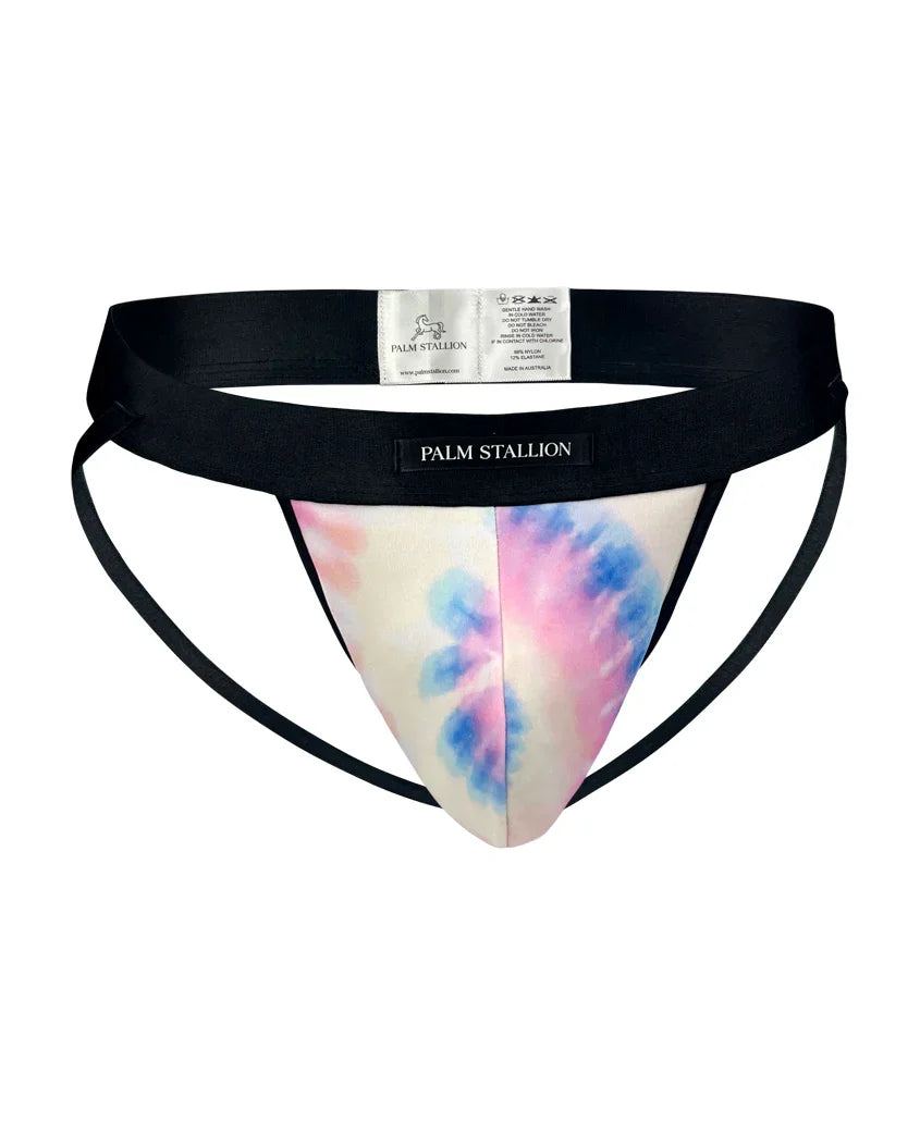 Palm Stallion tie-dye jockstrap with black waistband and pastel colors