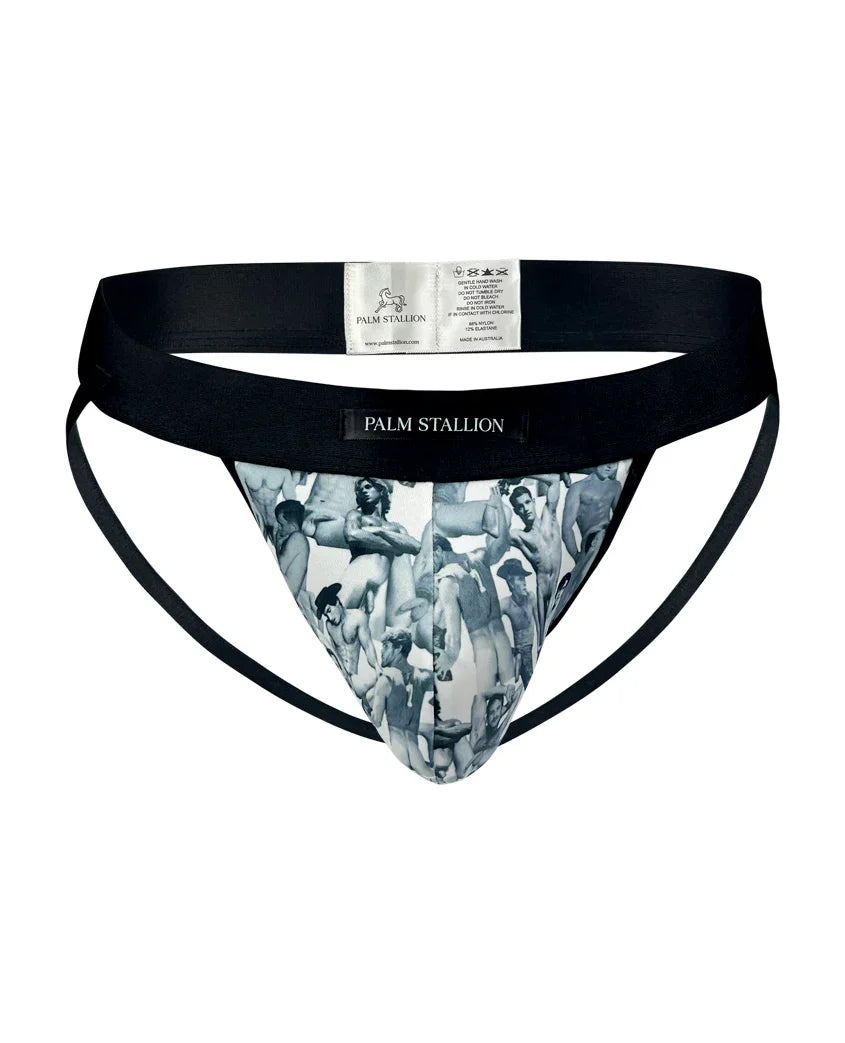 Palm Stallion jockstrap with artistic print of male figures and black waistband