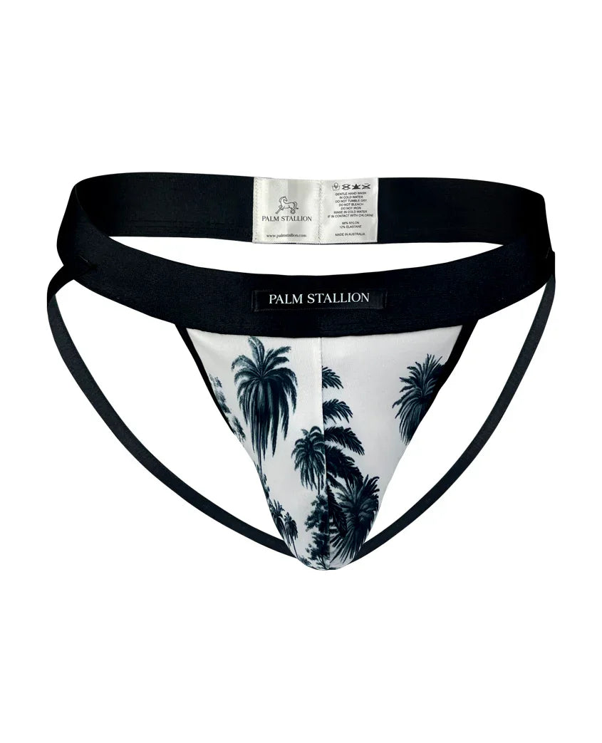 Palm Stallion jockstrap with black waistband and palm tree print pouch