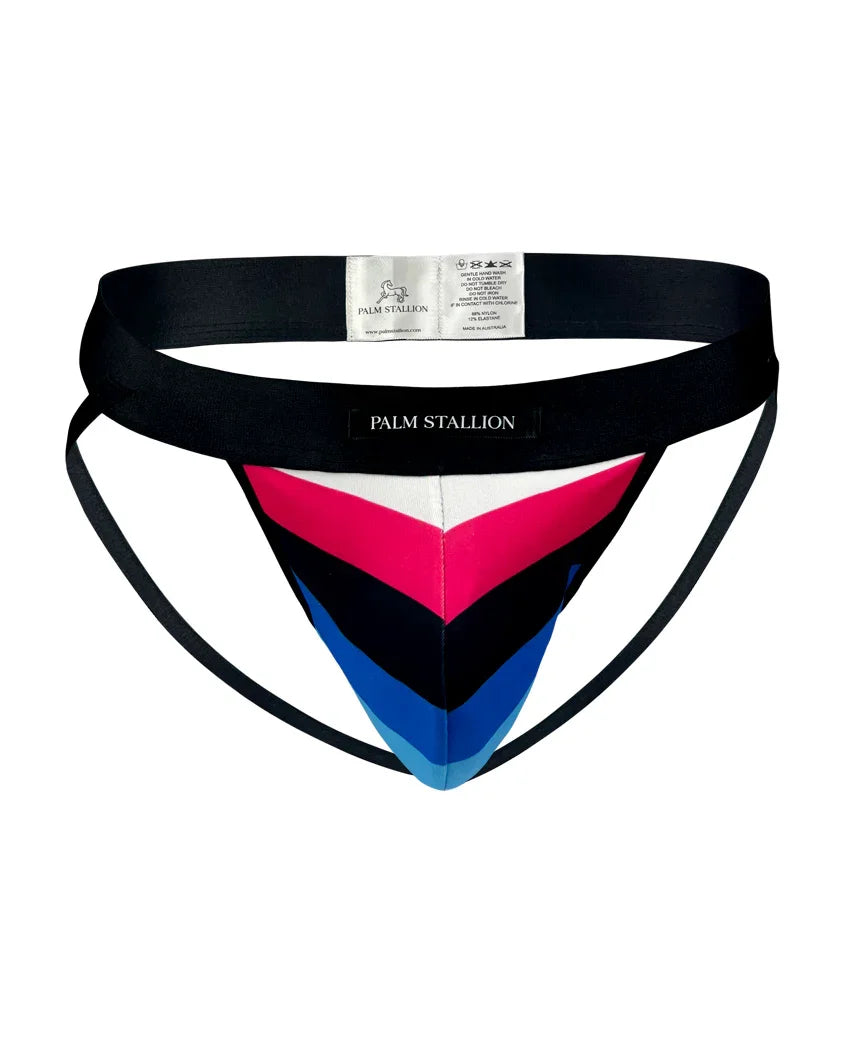 Palm Stallion multicolor men's jockstrap with blue, black, pink, and white waistband.