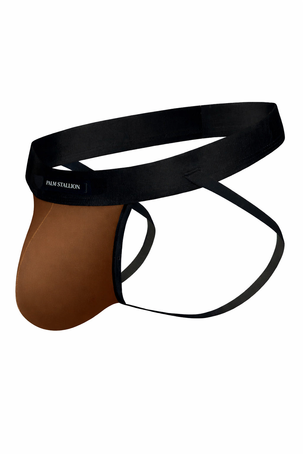 Palm Stallion brown athletic jockstrap with black waistband and straps