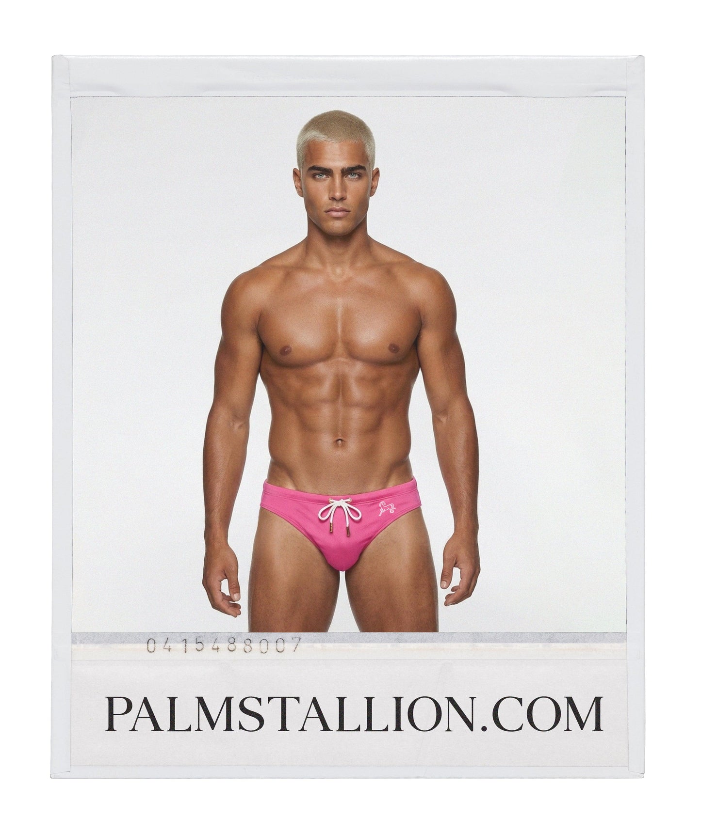 Palm Stallion male model in pink swim briefs, athletic pose on white background