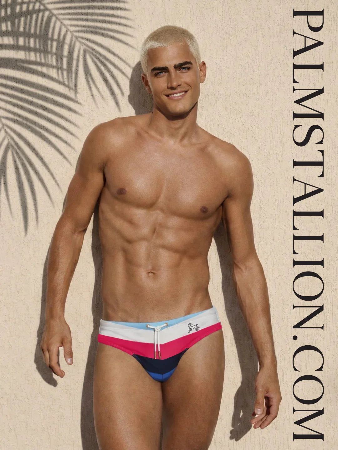 Man in colorful swim briefs posing by a wall with palm shadow, Palm Stallion swimwear.