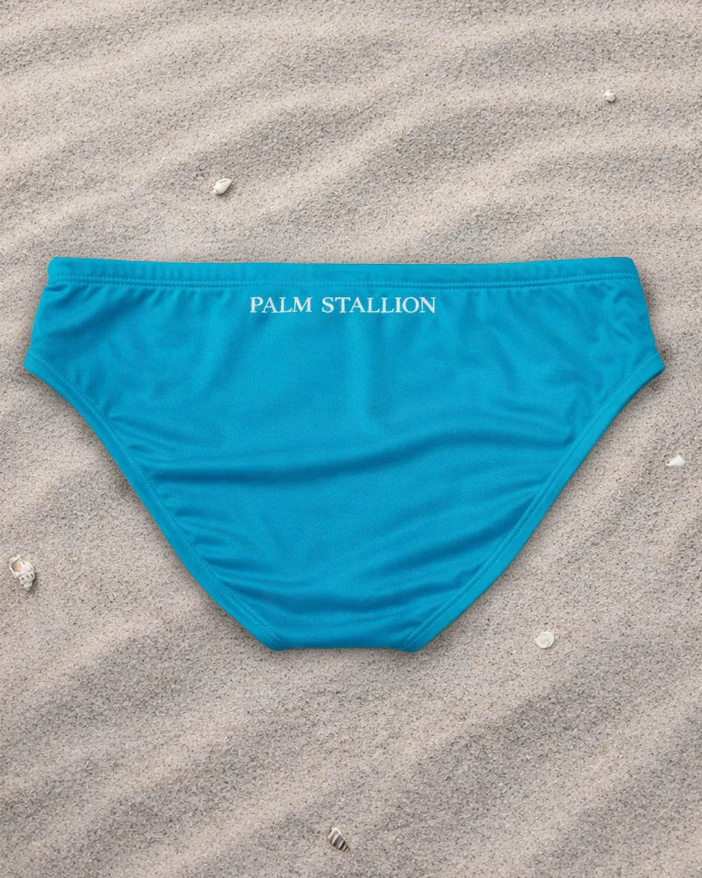 Palm Stallion teal swim briefs back view on sandy beach with shells
