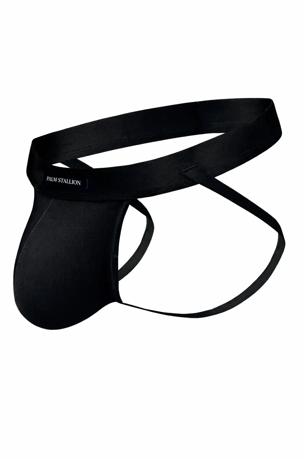 Palm Stallion black minimalist jockstrap with dual waistband design on white background