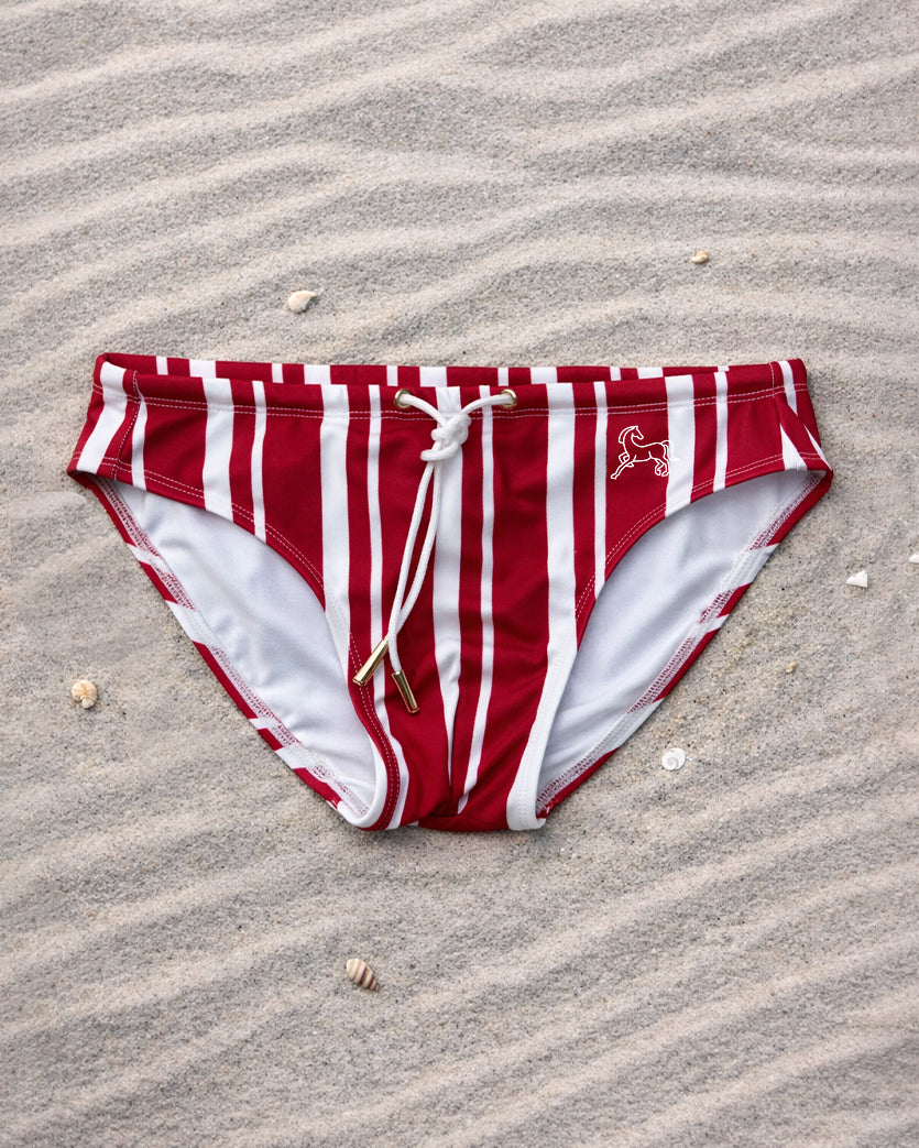 Palm Stallion red and white striped swim briefs with drawstring on sandy beach