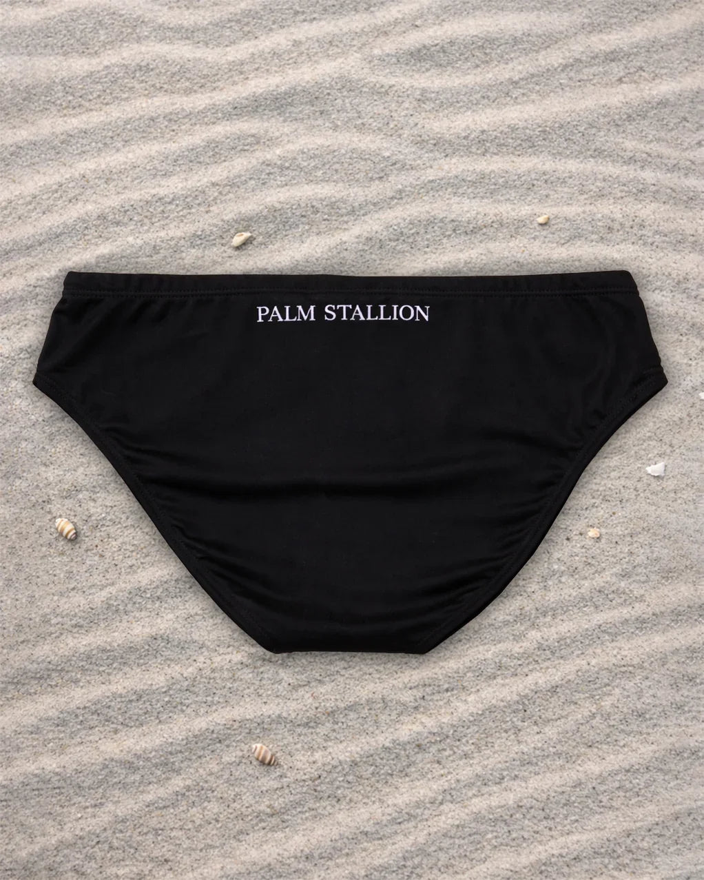 Palm Stallion black swim brief back view on sand with seashells, beachwear