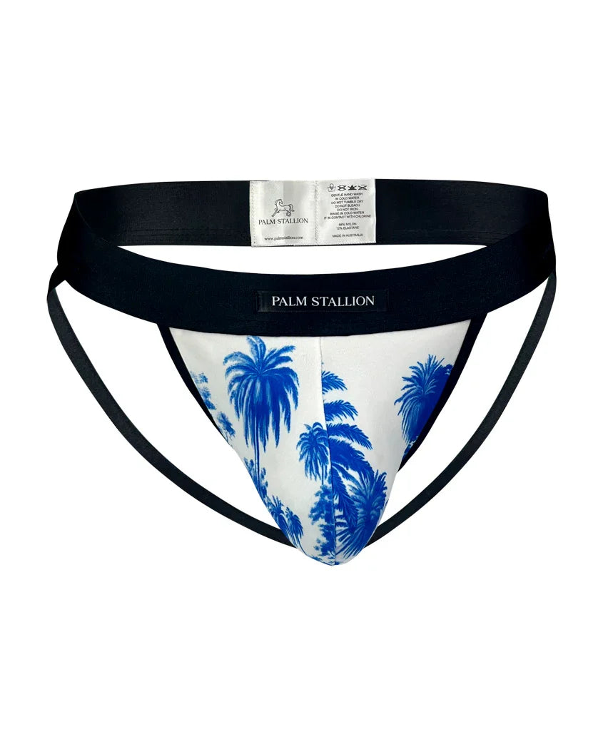 Palm Stallion jockstrap with blue palm tree print and black waistband front view