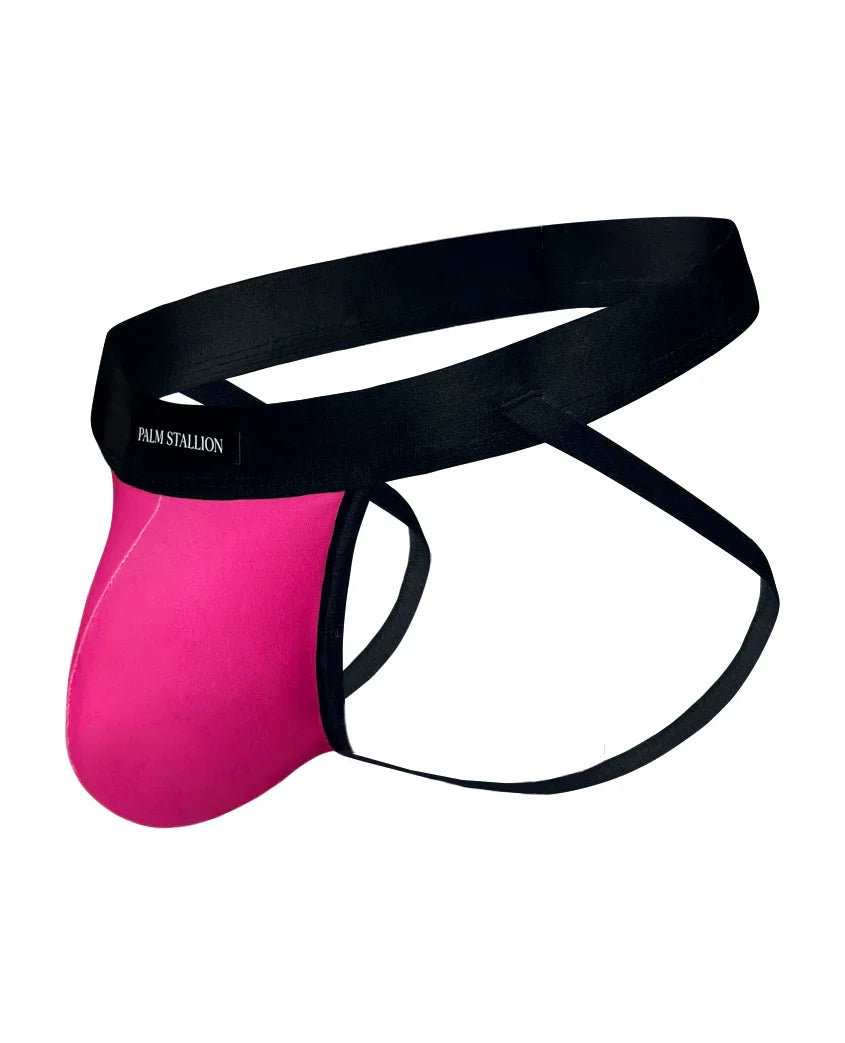 Palm Stallion pink athletic supporter with black waistband and straps on white background