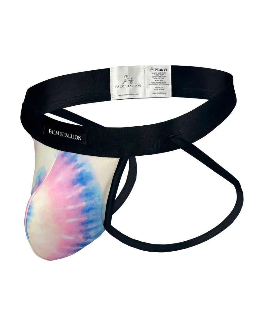 Palm Stallion tie-dye athletic supporter with black straps and visible brand label