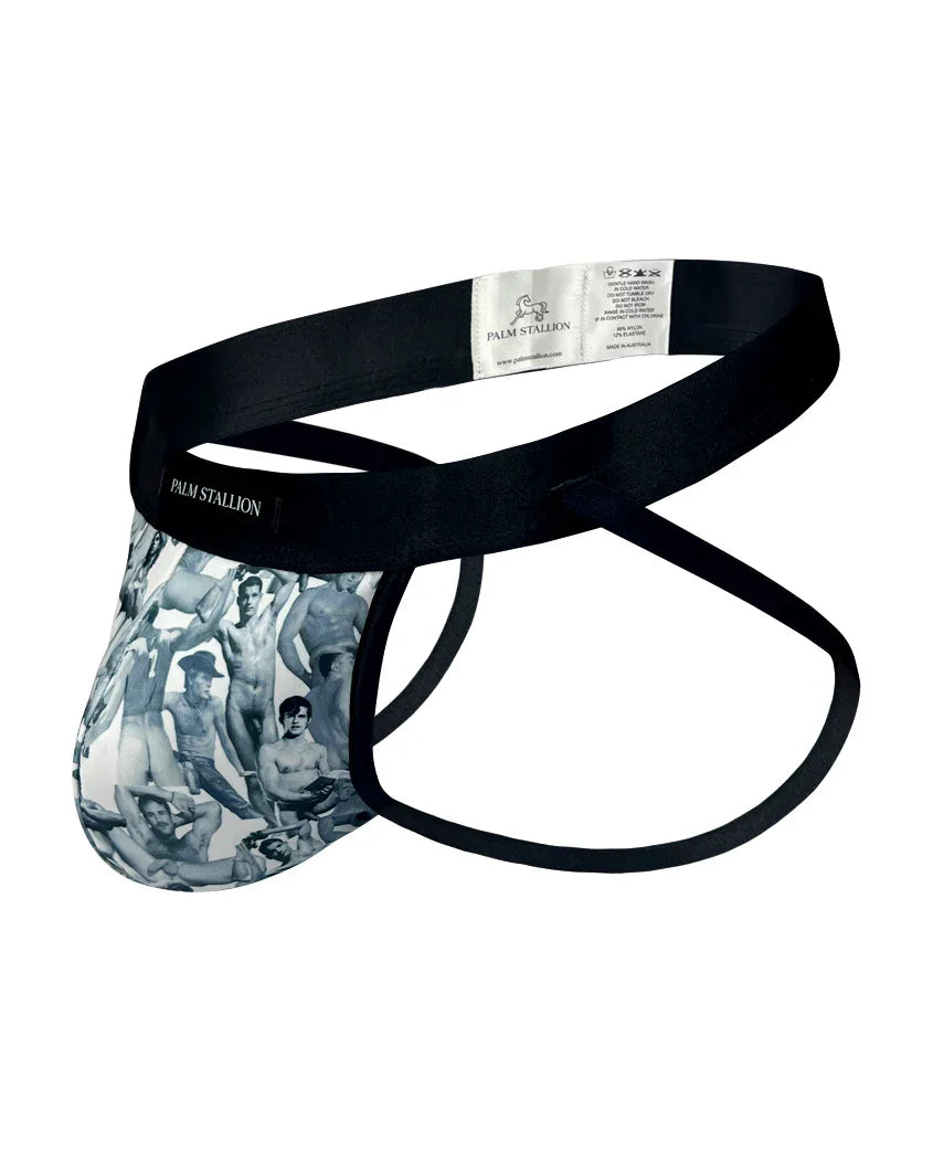 Palm Stallion black strap jockstrap with artistic print design, modern men's underwear
