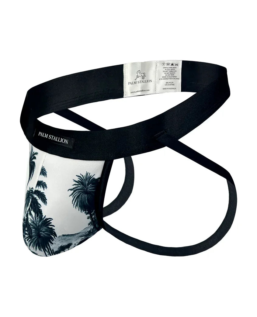 Palm Stallion athletic jockstrap with palm tree print and black straps