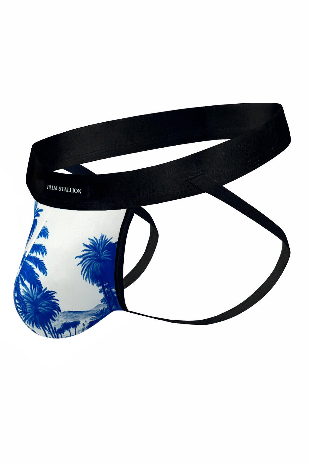 Palm Stallion blue palm tree print athletic supporter with black waistband and straps