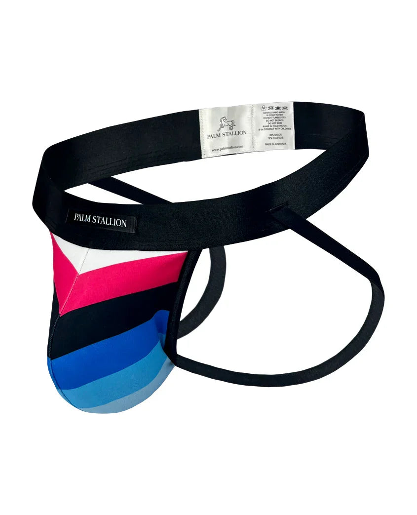 Palm Stallion men's jockstrap with black waistband and colorful striped pouch