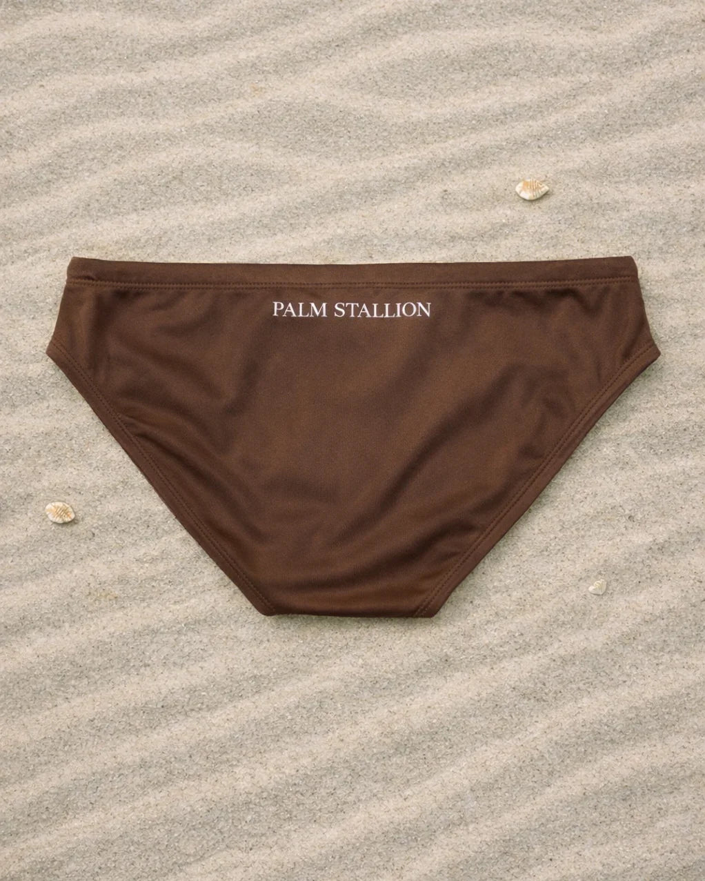 Palm Stallion brown swim brief back view on sand with seashells