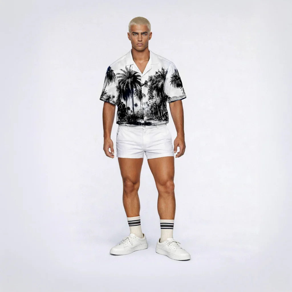 Palm Stallion tropical palm tree print shirt with white shorts, casual summer outfit
