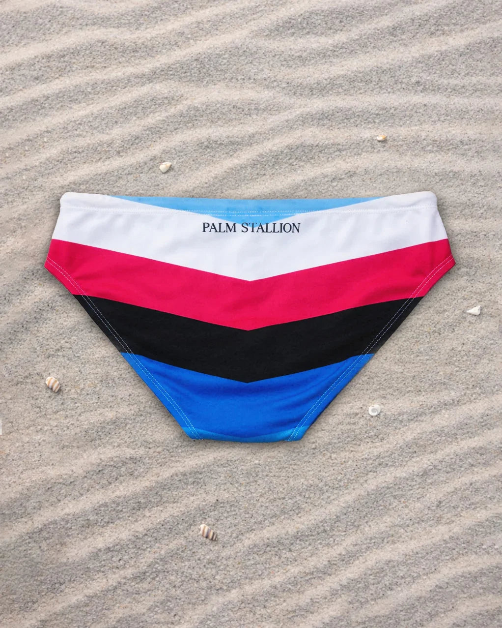 Palm Stallion chevron swim brief back view with blue, black, red, and white stripes on sand