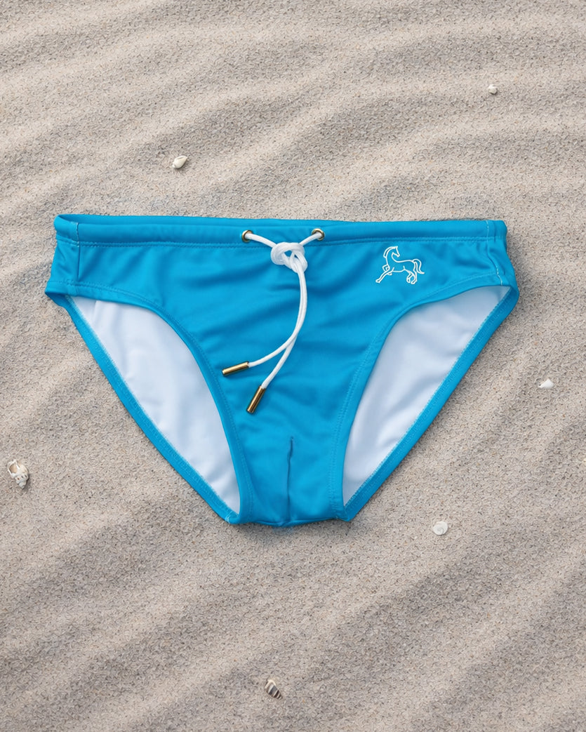 Teal men’s swim brief with white drawcord and white lining, low-rise swim briefs