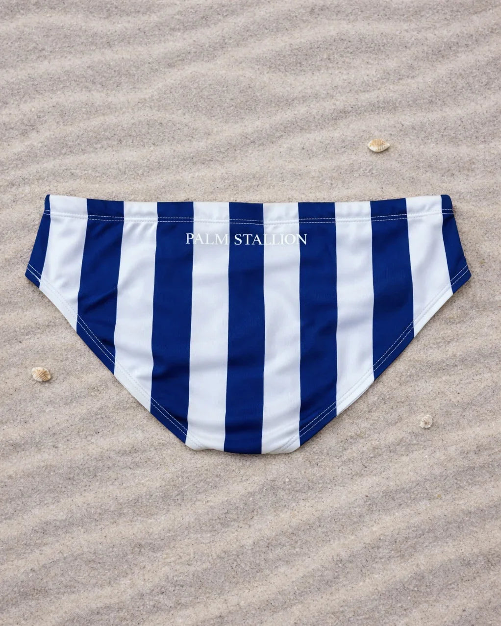 Palm Stallion navy and white striped swim brief on sandy beach
