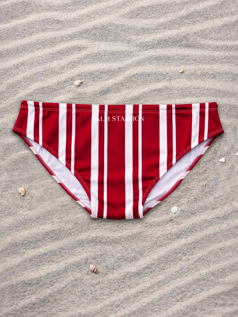 Vintage Maroon Stripe swim brief with red and white horizontal stripes, low-rise fit, recycled fabric, designed & made in Australia