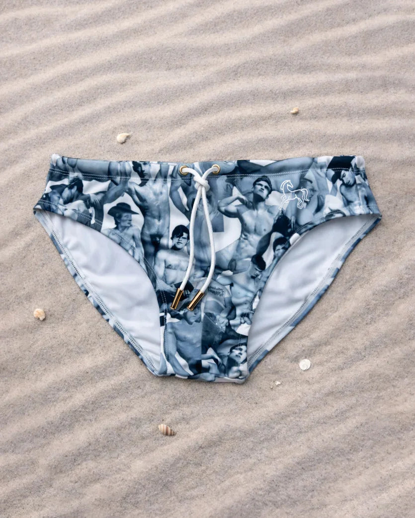 Vintage 70s swim brief with artistic abstract print, low-rise fit, recycled fabric, designed & made in Australia